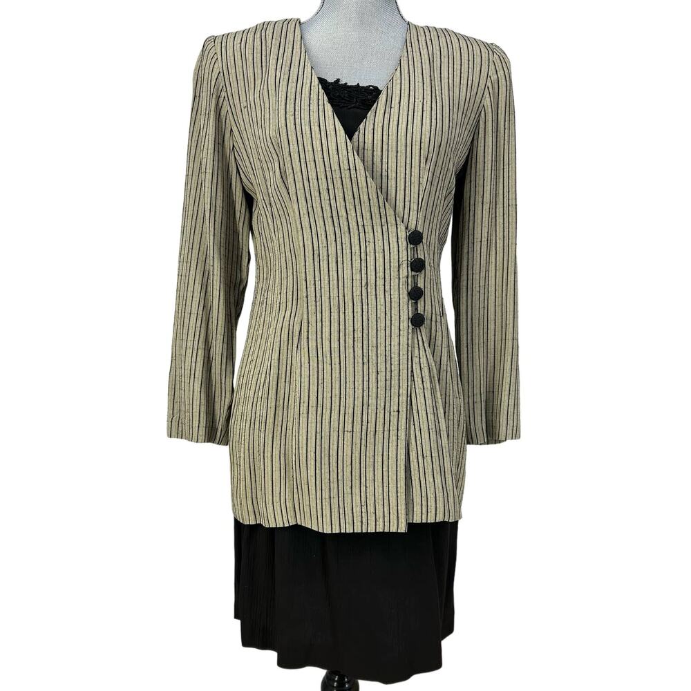 Vintage 80s D.J. Summers Women 8 Beige Black Stripe Long Sleeve Blazer Dress USA
